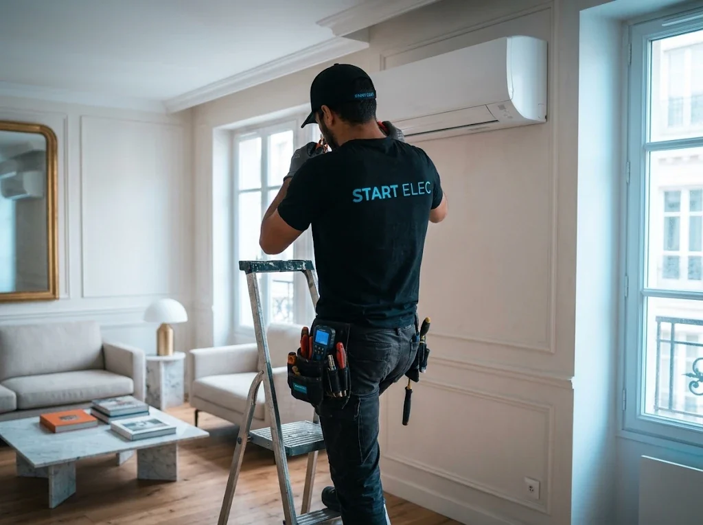 Technicien Start Elec installant une climatisation murale dans un salon