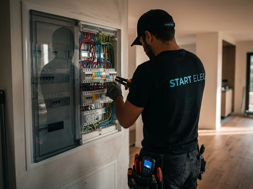 Électricien Start Elec travaillant sur un tableau électrique