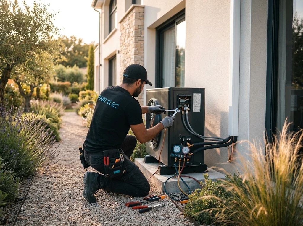 Technicien Start Elec raccordant une pompe à chaleur à l'extérieur d'une maison